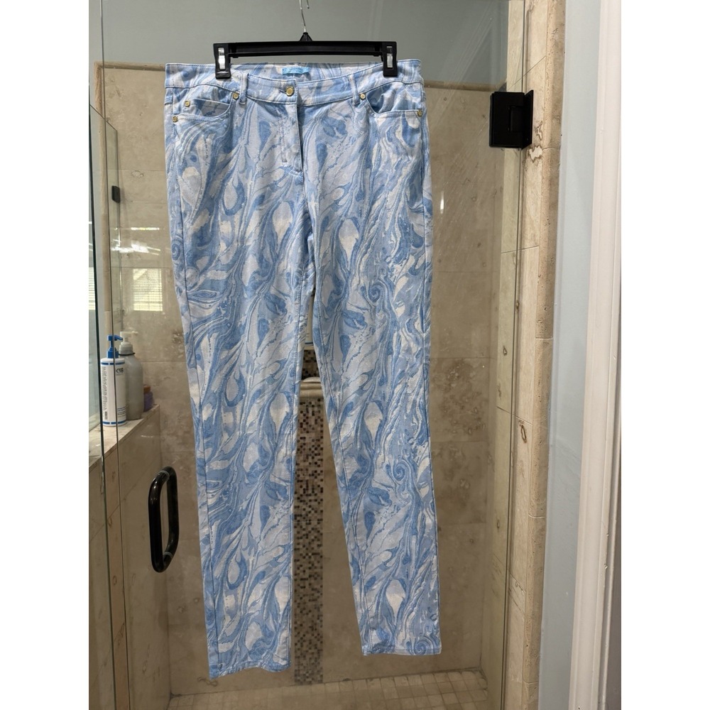 J. McLaughlin Lexi Jeans Slim Straight Leg Stretch Blue White Marble Women 10